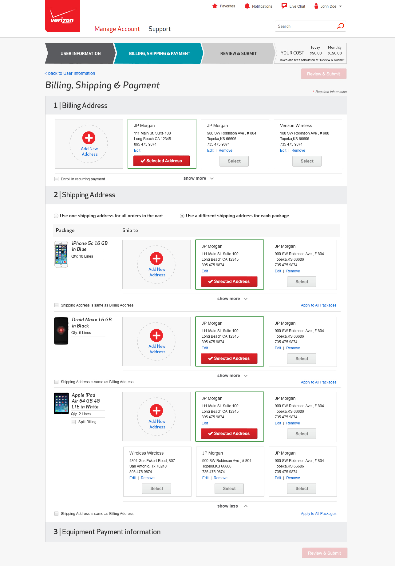 On the existing Verizon My Business portal, saved addresses are displayed in cards view.