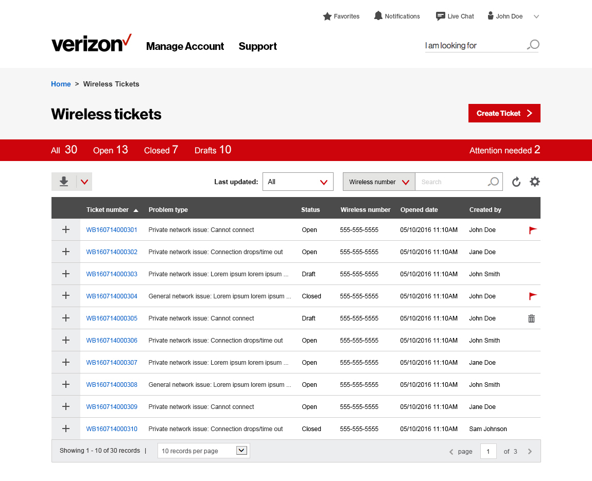 Wireless Ticket portal allows customer to create and track trouble tickets